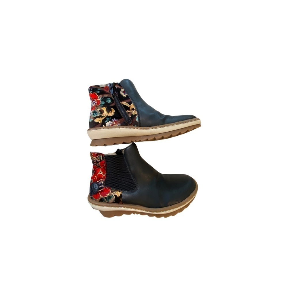 Floral-Back Leather Chelsea Ankle Boots - Navy